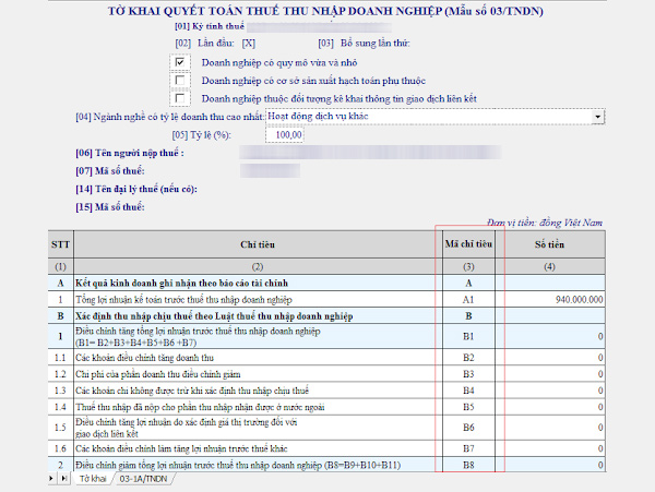 Lập tờ khai quyết toán thuế thu nhập doanh nghiệp mẫu 03/TNDN