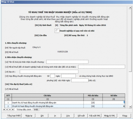 Hướng dẫn nhập tờ khai thuế TNDN chuyển nhượng BĐS ( mẫu 02/TNDN) trên HTKK