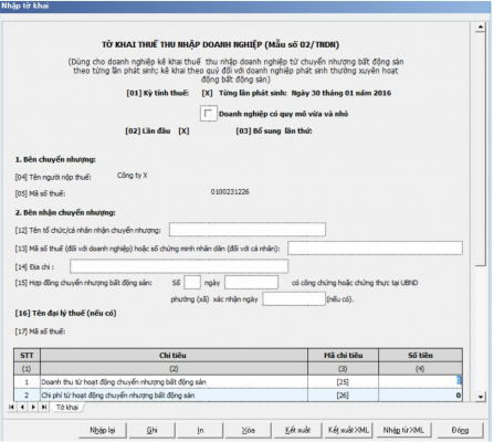 Hướng dẫn nhập tờ khai thuế TNDN chuyển nhượng BĐS ( mẫu 02/TNDN) trên HTKK