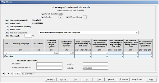 Quyết toán thuế tài nguyên theo mẫu 03A/TĐ-TAIN cho đơn vị thủy điện