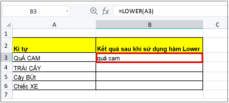 Ví dụ cho hàm LOWER trong Excel