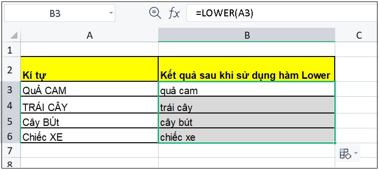 Ví dụ cho hàm LOWER trong Excel