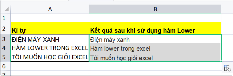 Ví dụ cho hàm LOWER trong Excel