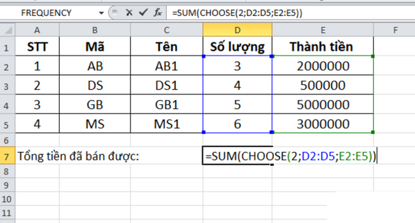 Hàm Choose trong Excel kết hợp với hàm Sum