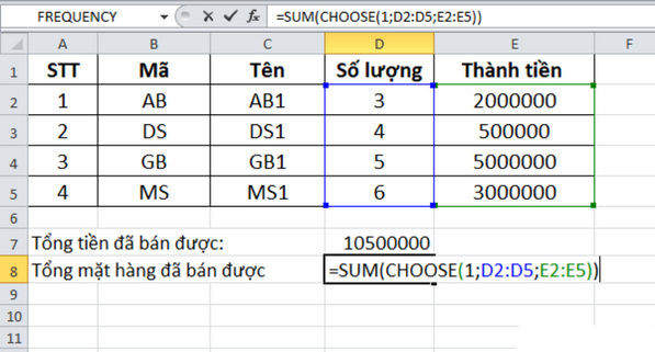 Hàm Choose trong Excel kết hợp với hàm Sum