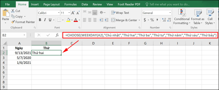 Hàm Choose trong Excel kết hợp với hàm Weekday