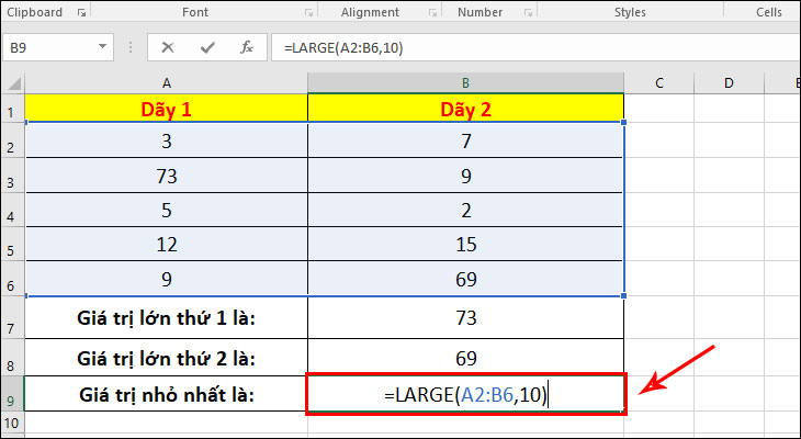 Ví dụ cơ bản của hàm LARGE trong Excel