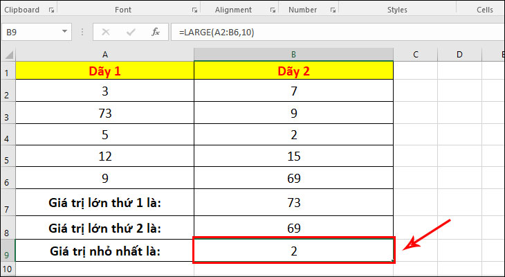 Ví dụ cơ bản của hàm LARGE trong Excel
