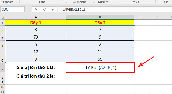 Ví dụ cơ bản của hàm LARGE trong Excel