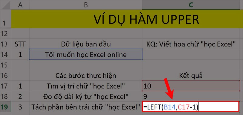 Ví dụ cho hàm UPPER trong Excel