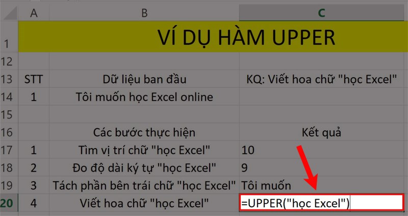 Ví dụ cho hàm UPPER trong Excel