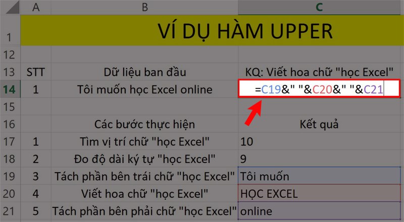 Ví dụ cho hàm UPPER trong Excel