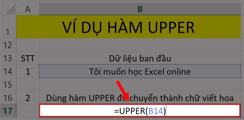 Ví dụ cho hàm UPPER trong Excel