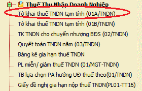 Lựa chọn tờ khai kê khai thuế TNDN mẫu 01A/TNDN