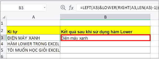 Ví dụ cho hàm LOWER trong Excel