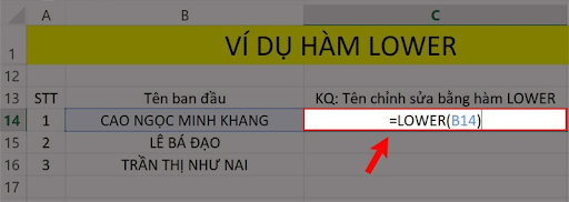 Ví dụ cho hàm LOWER trong Excel