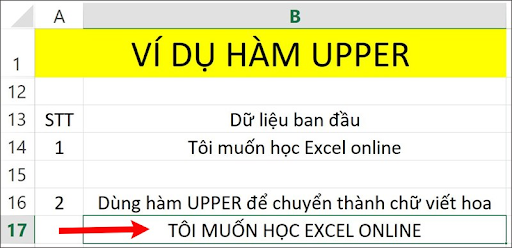 Ví dụ cho hàm UPPER trong Excel